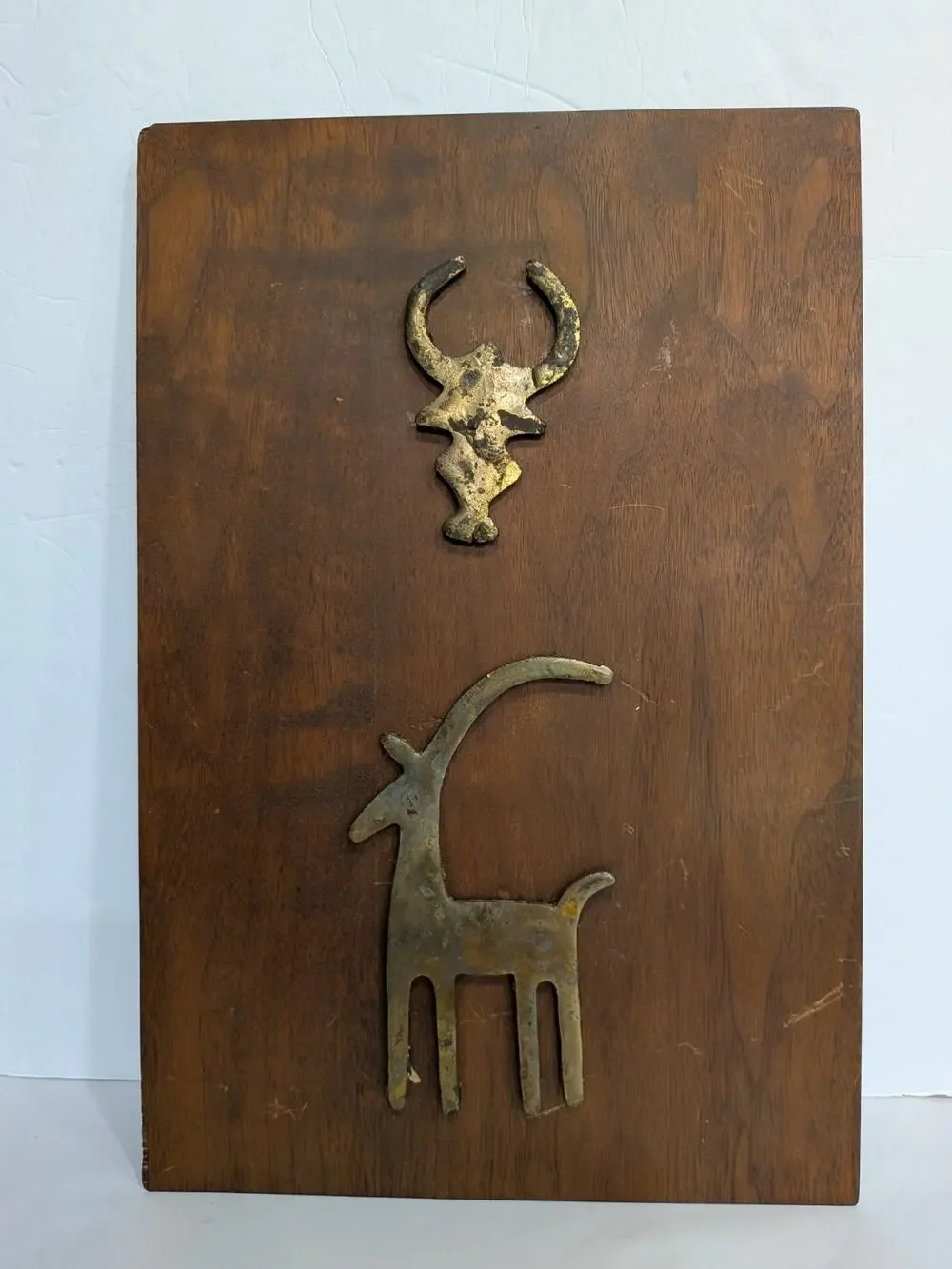 Vintage Brutalist Revival Brass Wood Wall Plaque Primitive Ibex Gazelle Bull